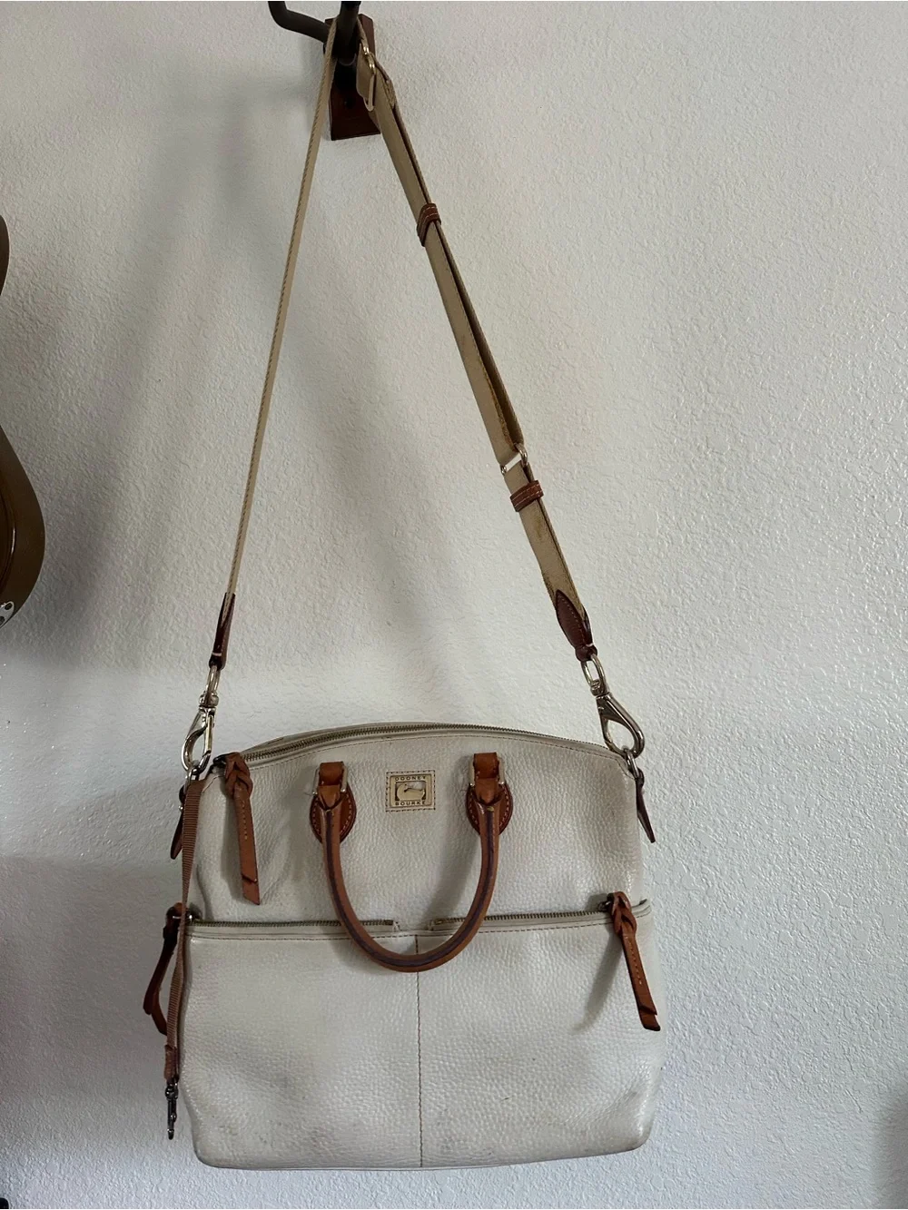 Dooney & Bourke Pebble Grain Leather Satchel Crossbody - Bone/Tan